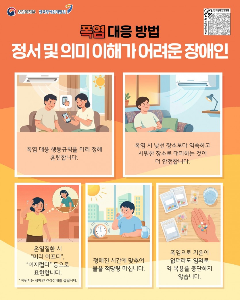 보건복지부 한국장애인개발원 / 폭염 대응 방법 / 정서 및 의미 이해가 어려운 장애인 / 폭염 대응 행동규칙을 미리 정해 훈련합니다. / 폭염 시 낯선 장소보다 익숙하고 시원한 장소로 대피하는 것이 더 안전합니다. / 온열질환 시 “머리 아프다&quot;, &quot;어지럽다” 등으로 표현합니다. * 지원자는 장애인 건강상태를 살핍니다. / 정해진 시간에 맞추어 물을 적당량 마십니다. / 폭염으로 기운이 없더라도 임의로 약 복용을 중단하지 않습니다.