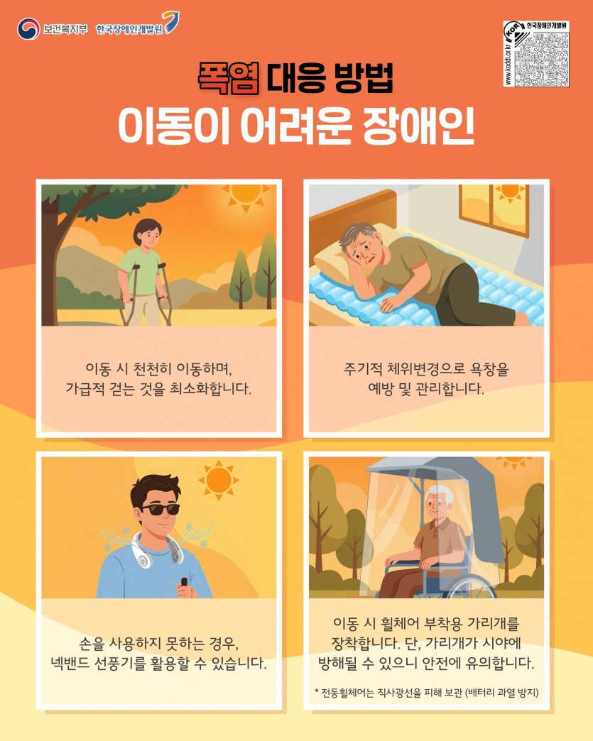보건복지부 한국장애인개발원 /폭염 대응 방법 /이동이 어려운 장애인 /이동 시 천천히 이동하며, 가급적 걷는 것을 최소화합니다. /주기적 체위변경으로 욕창을 예방 및 관리합니다. /손을 사용하지 못하는 경우, 넥밴드 선풍기를 활용할 수 있습니다. /이동 시 휠체어 부착용 가리개를 장착합니다. 단, 가리개가 시야에 방해될 수 있으니 안전에 유의합니다. * 전동휠체어는 직사광선을 피해 보관 (배터리 과열 방지)