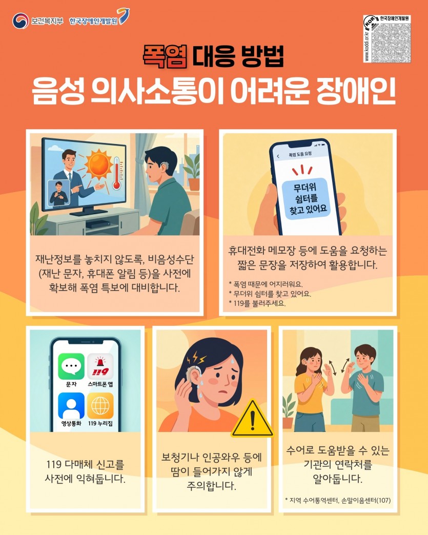 보건복지부 한국장애인개발원 /폭염 대응 방법 /음성 의사소통이 어려운 장애인 /재난정보를 놓치지 않도록, 비음성수단 (재난 문자, 휴대폰 알림 등)을 사전에 확보해 폭염 특보에 대비합니다.  /무더위 쉼터를 찾고 있어요 /휴대전화 메모장 등에 도움을 요청하는 짧은 문장을 저장하여 활용합니다. * 폭염 때문에 어지러워요. * 무더위 쉼터를 찾고 있어요. * 119를 불러주세요. /문자 119 스마트폰 앱 영상통화 119 누리집 /119 다매체 신고를 사전에 익혀둡니다. /보청기나 인공와우 등에 땀이 들어가지 않게 주의합니다. /수어로 도움받을 수 있는 기관의 연락처를 알아둡니다. * 지역 수어통역센터, 손말이음센터(107)